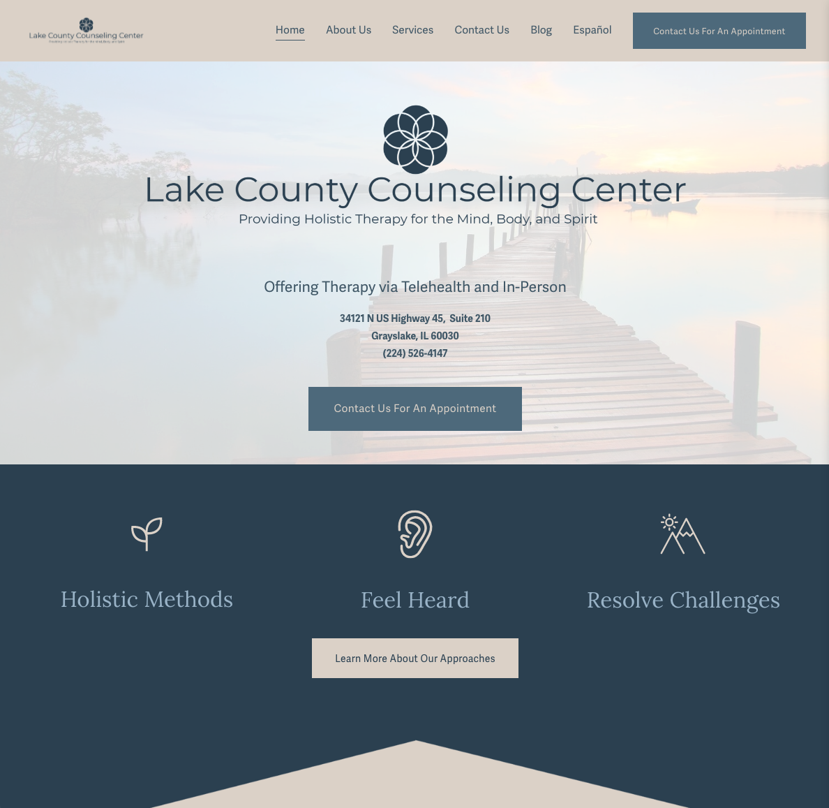 Lake County Counseling Center website homepage with calming look and neutral light colors.